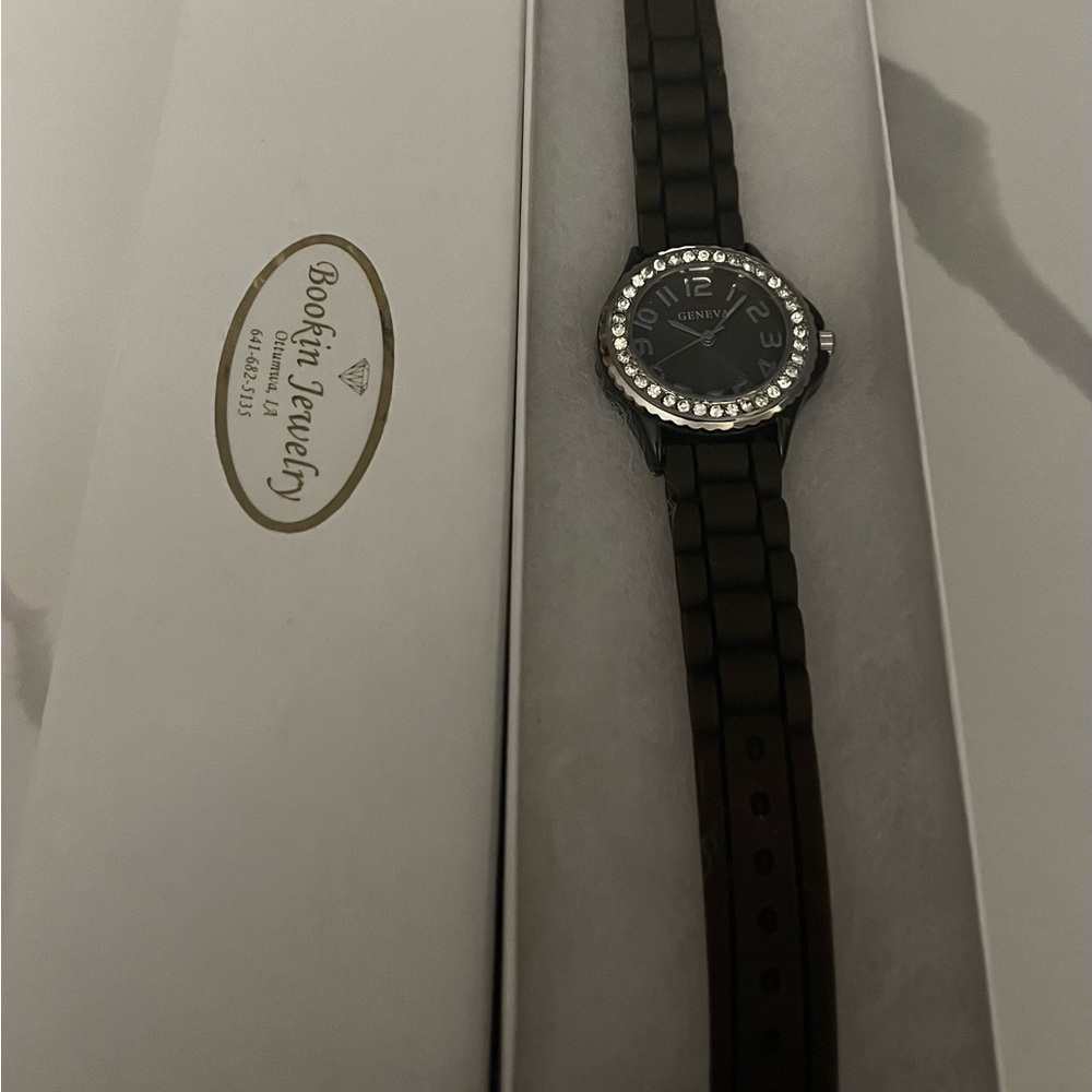 Geneva silicone dark brown Watch with rhinestone bezel